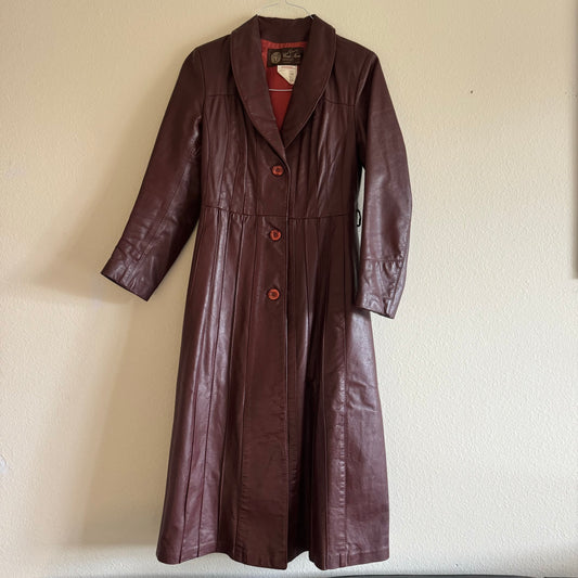 70s Burgundy Leather Trench Coat