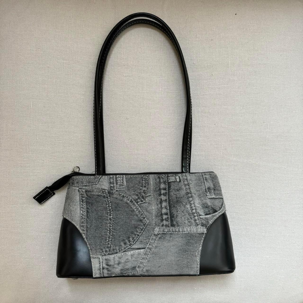 B&W Denim Pockets Shoulder Bag